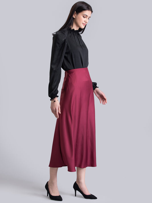 Satin Elasticated A Line Skirt - Maroon