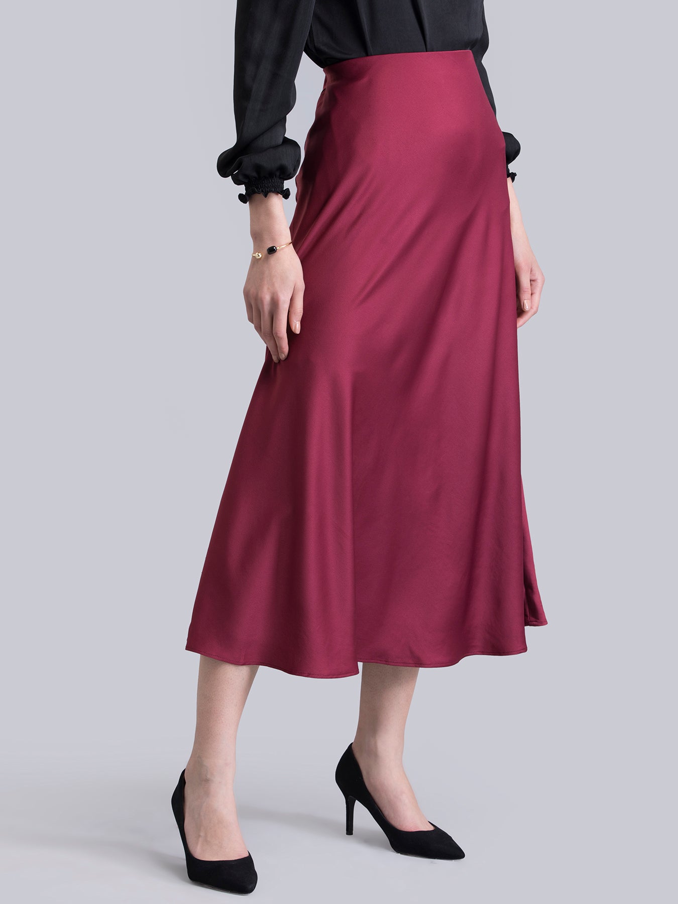 Satin Elasticated A Line Skirt - Maroon