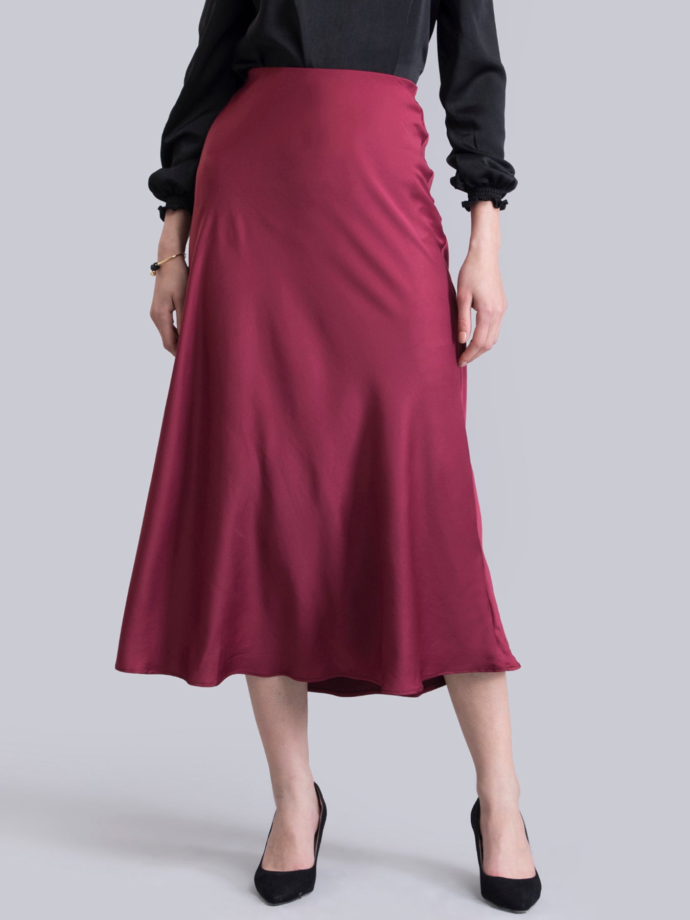 Satin Elasticated A Line Skirt - Maroon