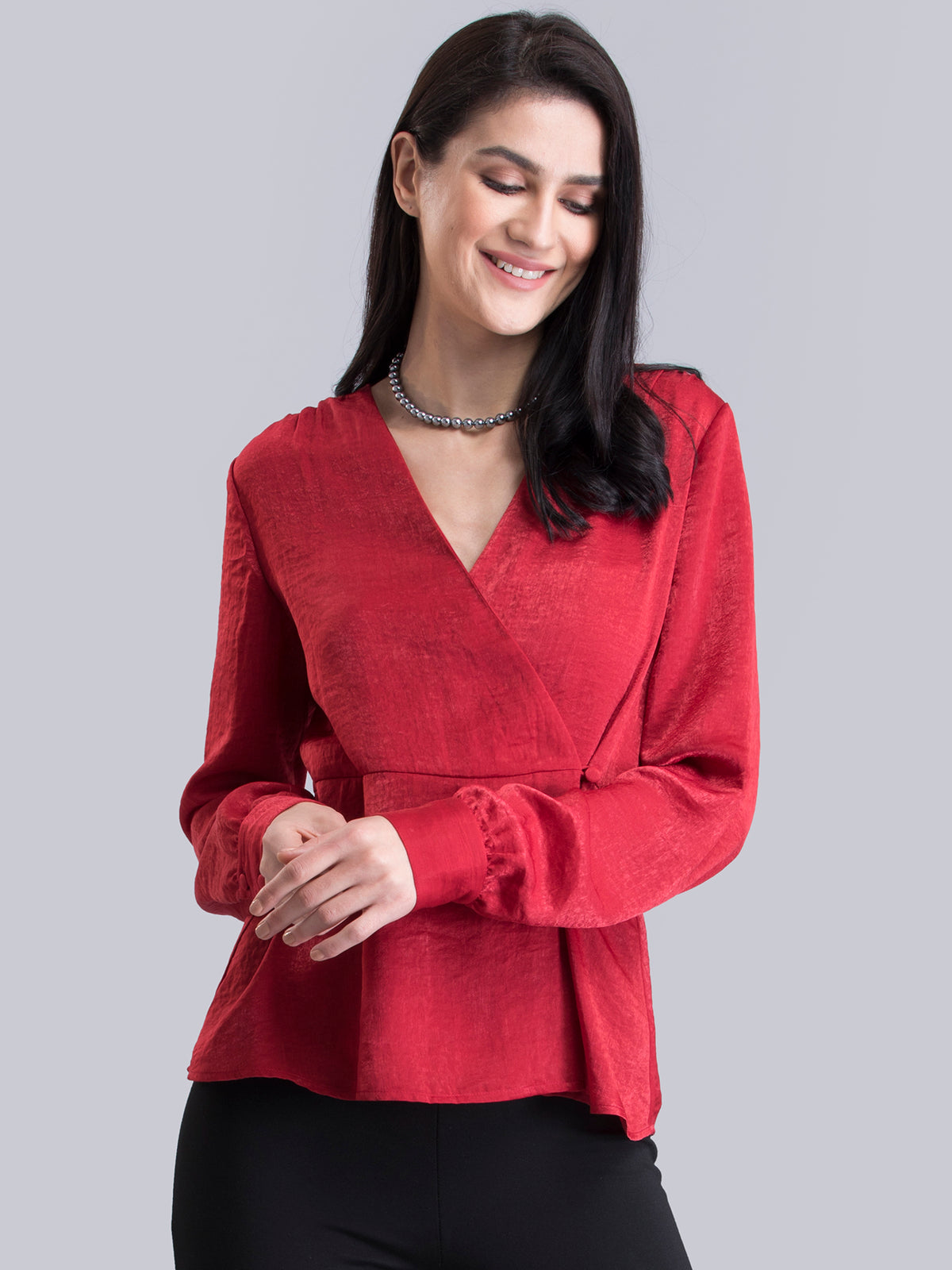 Satin Wrap Top - Red