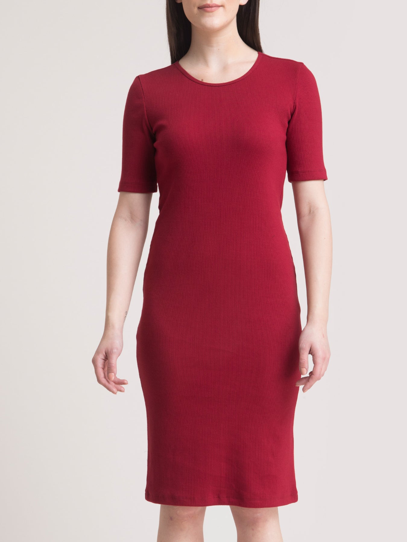 Stretchable Round Neck LivIn Dress - Maroon| Formal Dresses