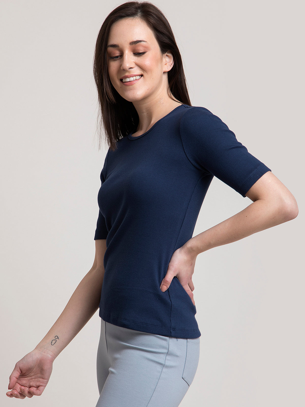 Stretchable Round Neck LivIn T Shirt - Navy Blue