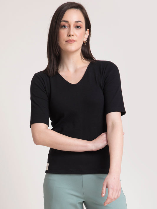Stretchable V Neck LivIn T Shirt - Black