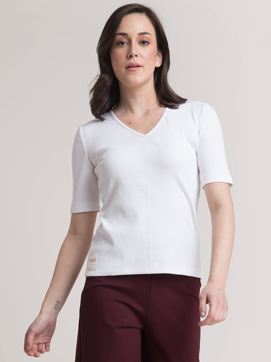 Stretchable V Neck LivIn T Shirt - White