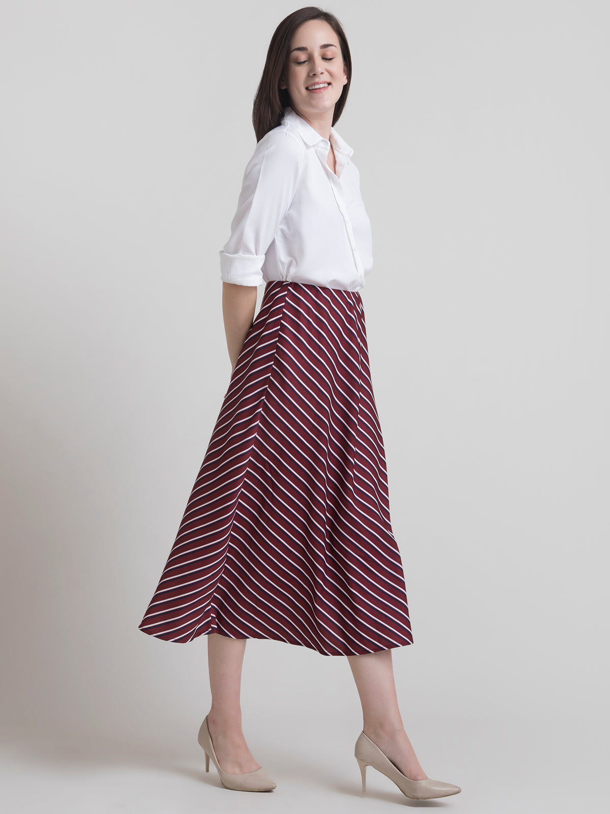 Striped Bias A Line Skirt - Maroon| Formal Skirts