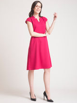 Stylised Neck Belted Fit and Flare Dress - Fuchsia Pink| Formal Dresses