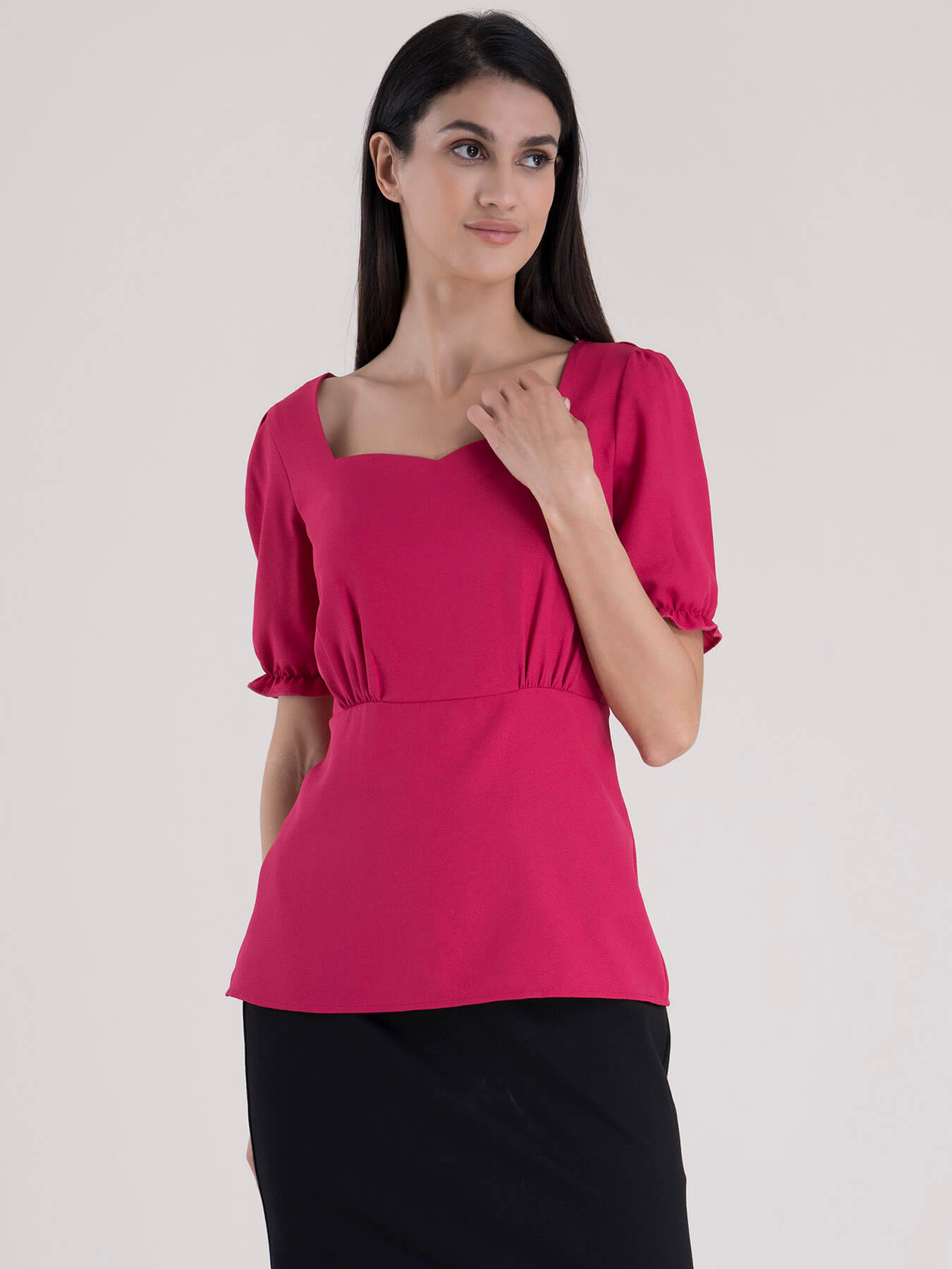 Sweetheart Neckline Puff Sleeve Top - Fuchsia