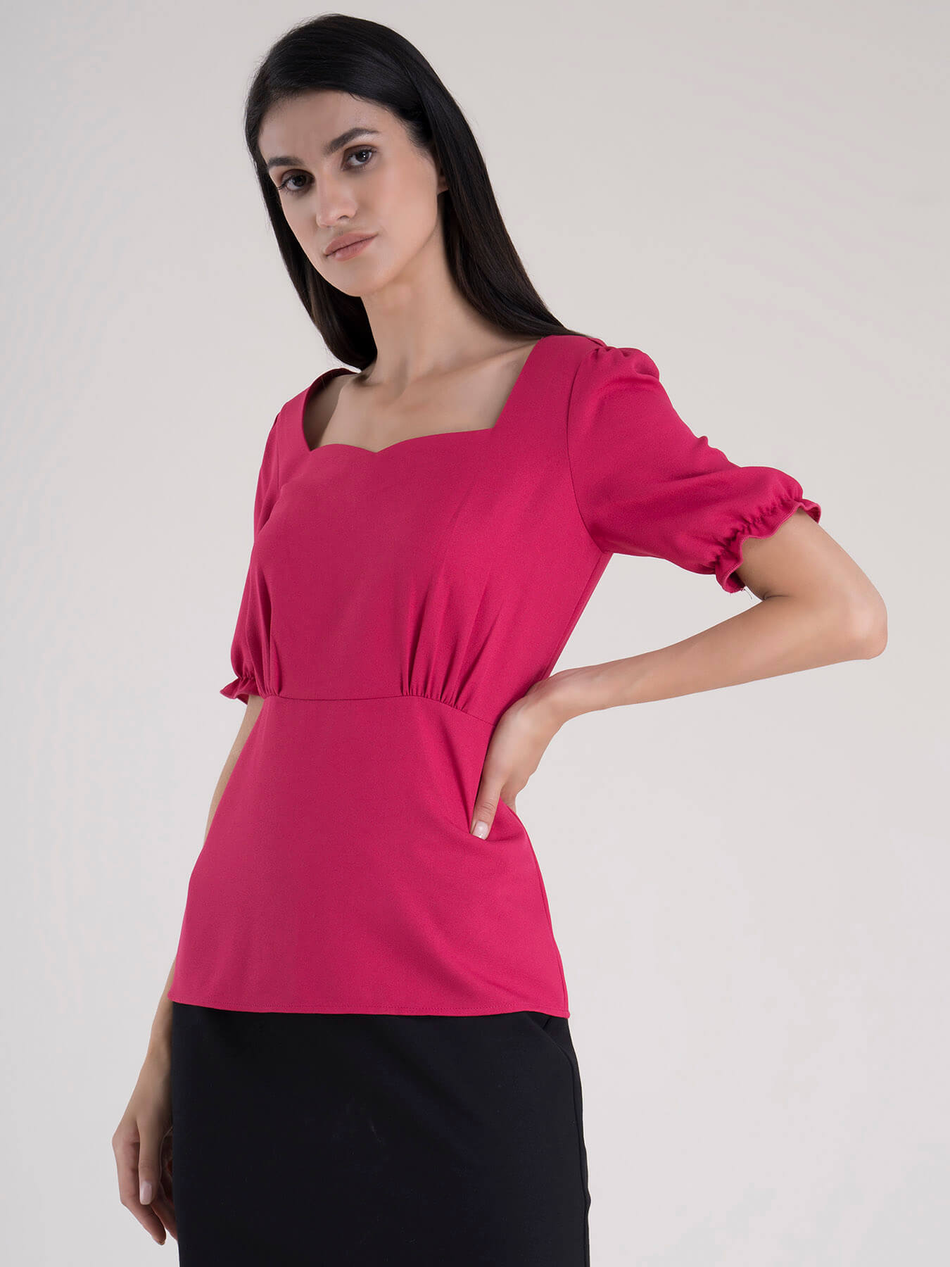 Sweetheart Neckline Puff Sleeve Top - Fuchsia
