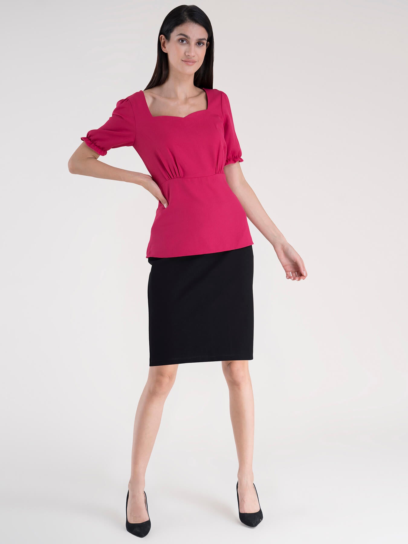 Sweetheart Neckline Puff Sleeve Top - Fuchsia