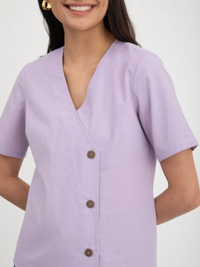 Linen V-Neck Button Top - Purple