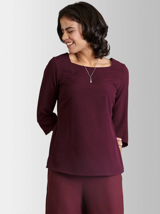 Wide Neck Quarter Sleeve Top - Maroon