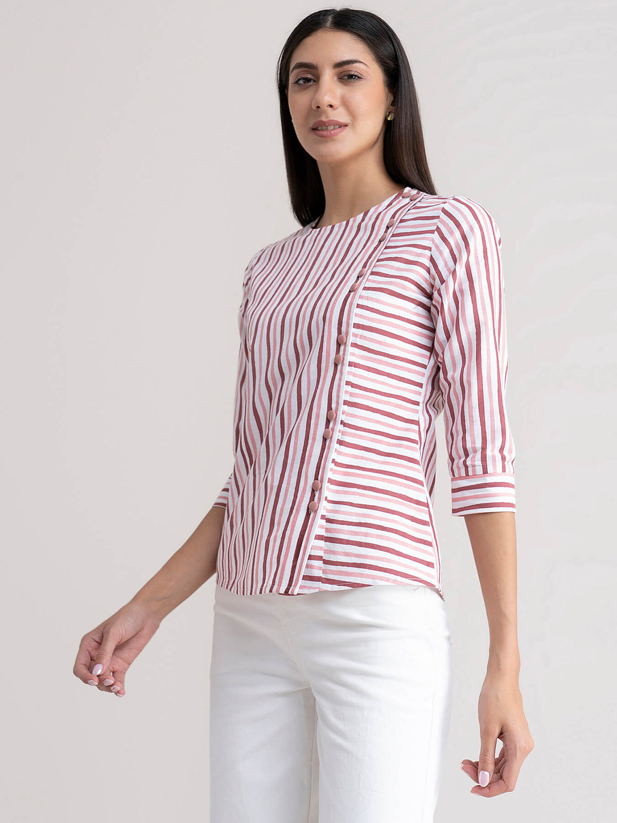Linen Striped Top - Pink And White