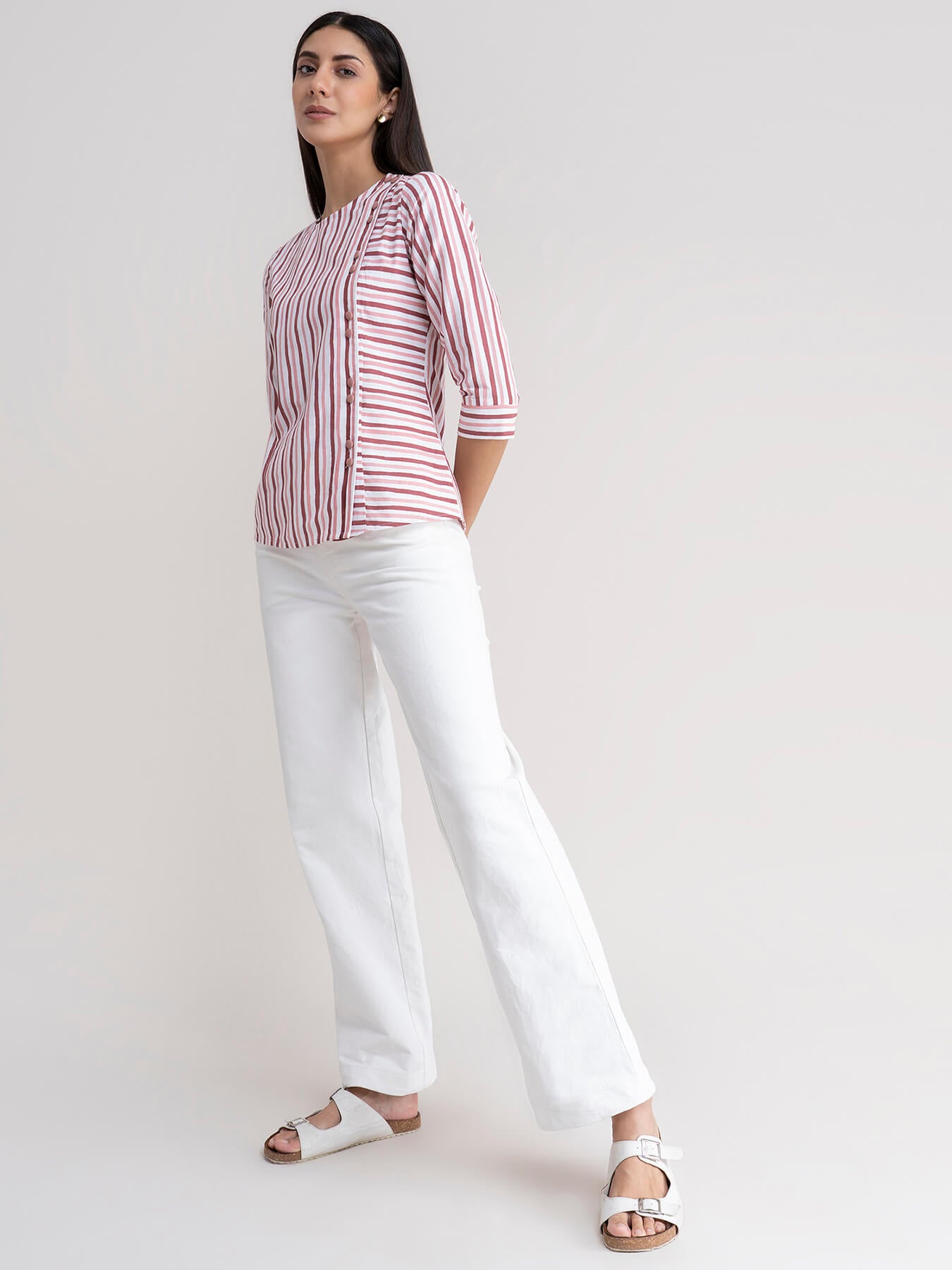 Linen Striped Top - Pink And White