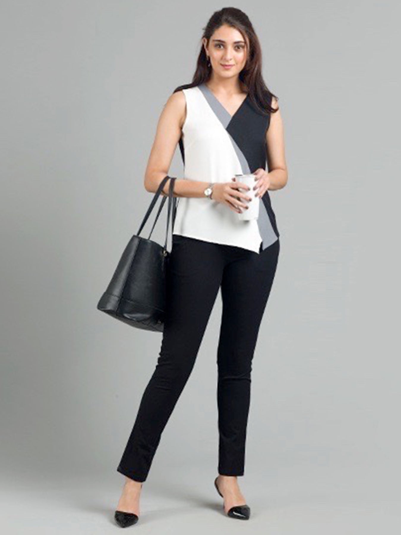 Asymmetric Hem Tri-Colour Colour Block Top - White, Black & Grey