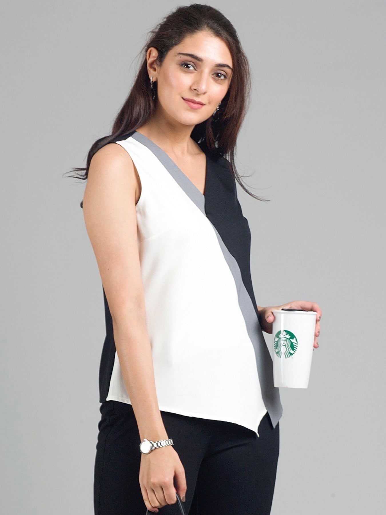 Asymmetric Hem Tri-Colour Colour Block Top - White, Black & Grey