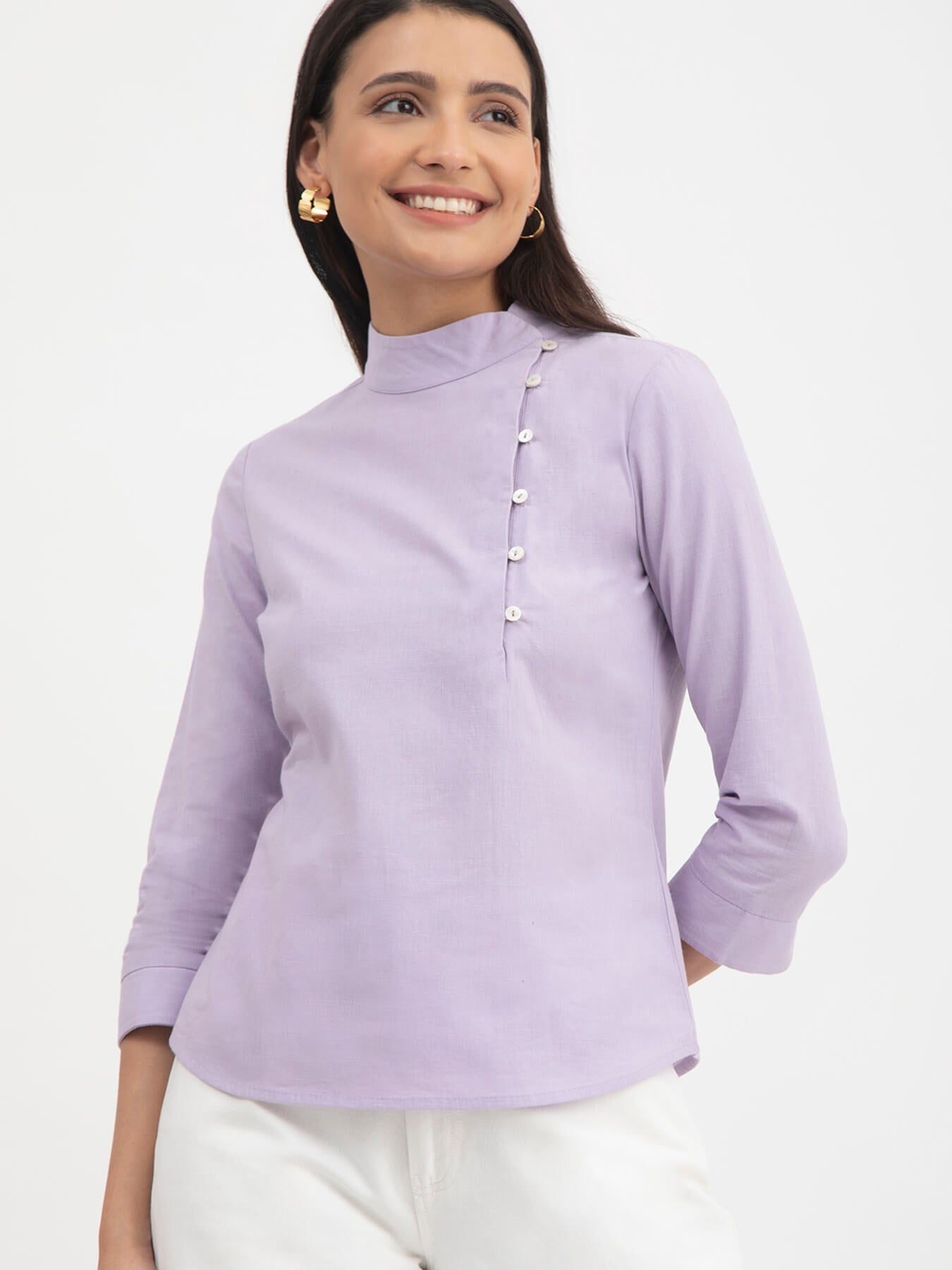 Linen Mandarin Collar Button Detail Top - Lilac