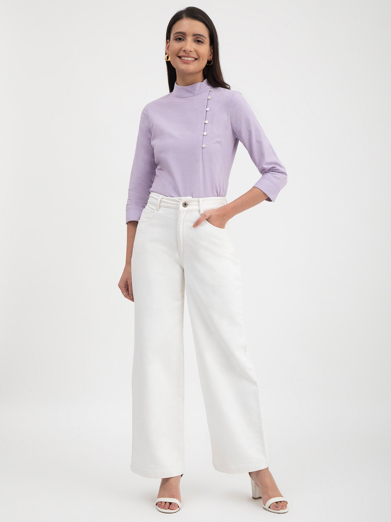 Linen Mandarin Collar Button Detail Top - Lilac