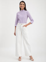 Linen Mandarin Collar Button Detail Top - Lilac