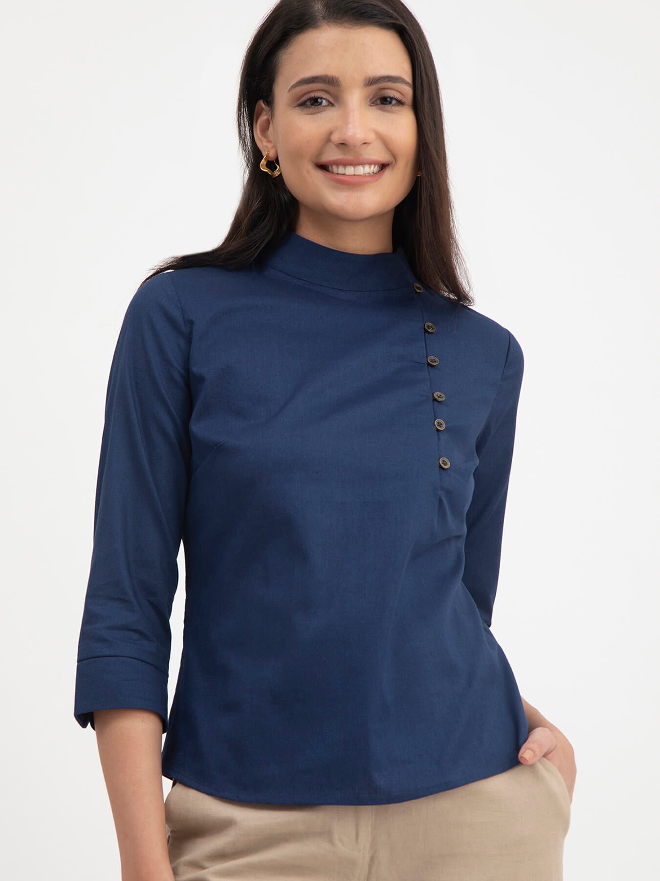 Linen Mandarin Collar Button Detail Top - Navy Blue