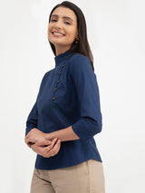 Linen Mandarin Collar Button Detail Top - Navy Blue