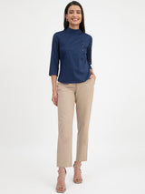 Linen Mandarin Collar Button Detail Top - Navy Blue