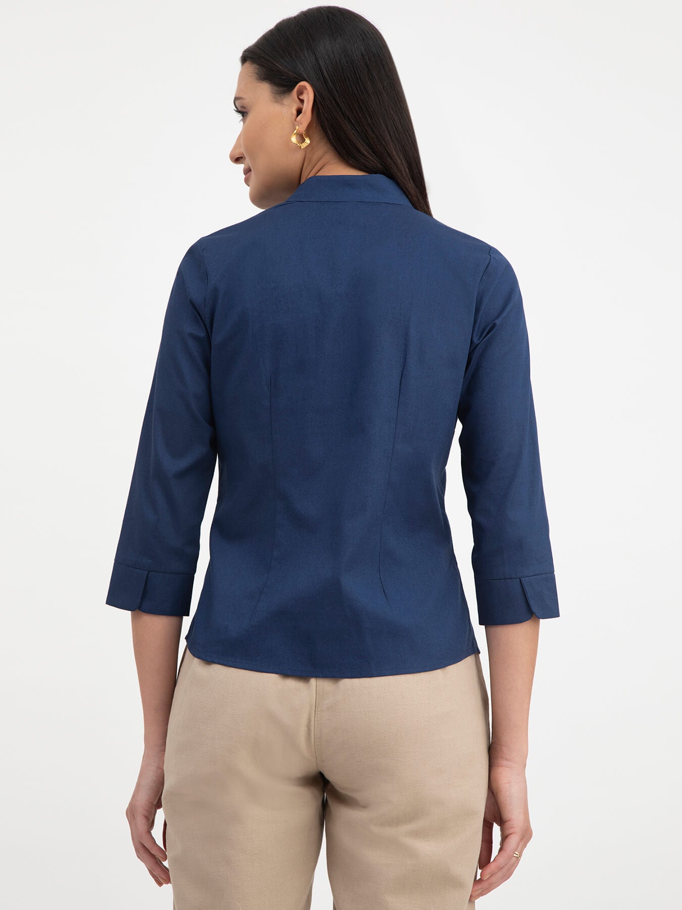 Linen Mandarin Collar Button Detail Top - Navy Blue