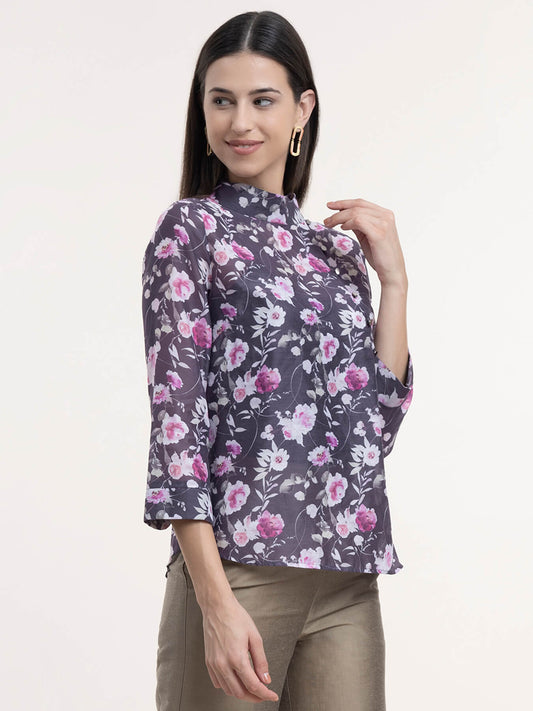 Chanderi Floral Top - Purple