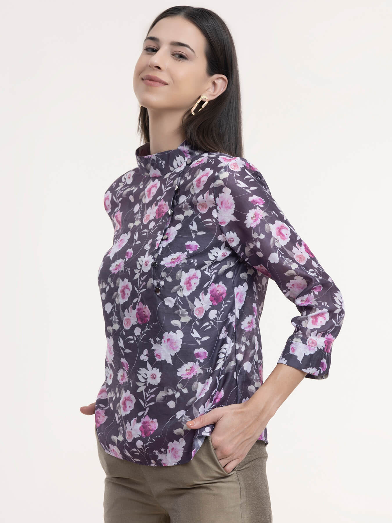 Chanderi Floral Top - Purple