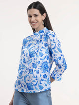 Chanderi Floral Top - Blue and White