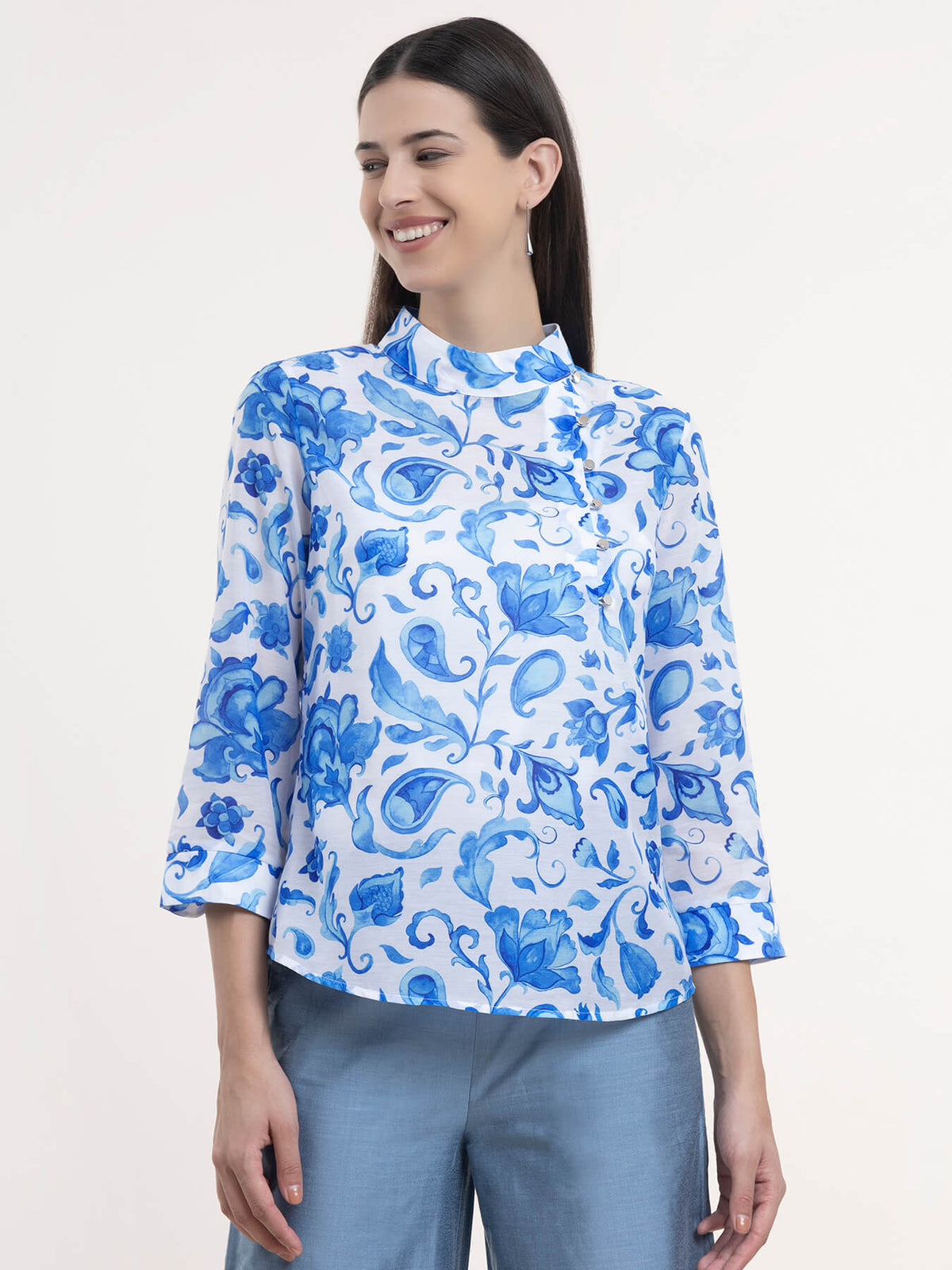 Chanderi Floral Top - Blue and White