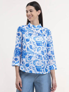 Chanderi Floral Top - Blue and White