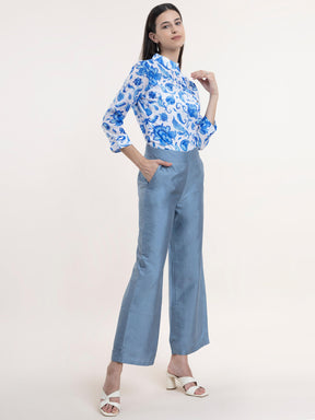 Chanderi Floral Top - Blue and White