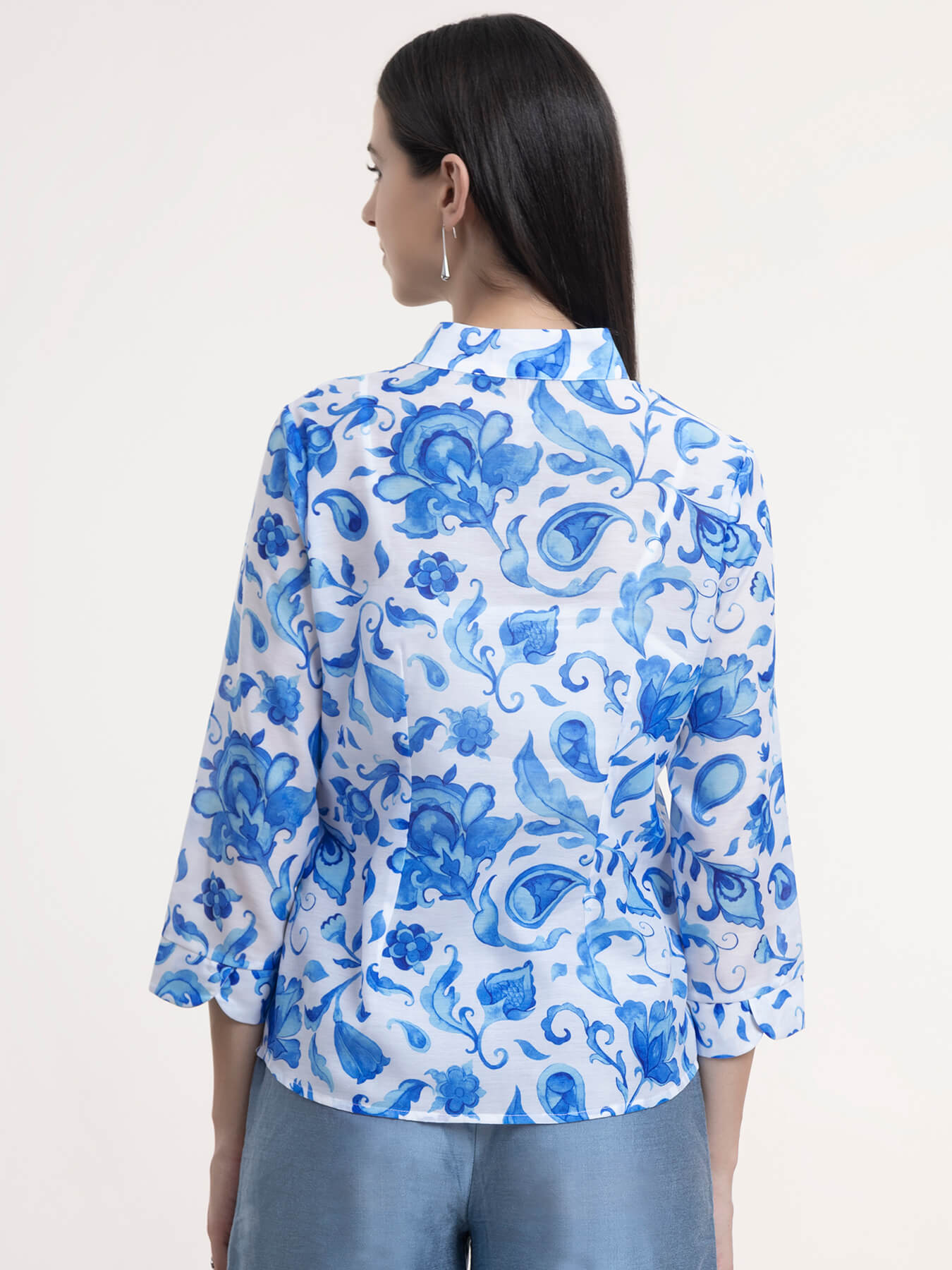 Chanderi Floral Top - Blue and White