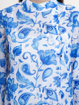 Chanderi Floral Top - Blue and White