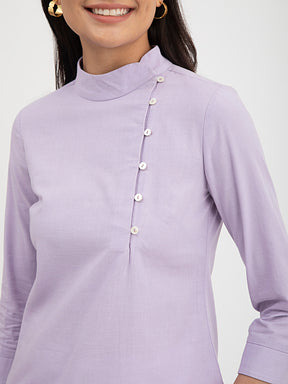 Linen Mandarin Collar Button Detail Top - Lilac