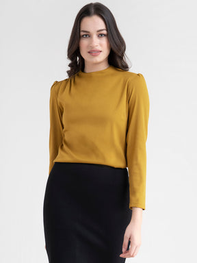 Crew Neck Gather Detail Top - Mustard