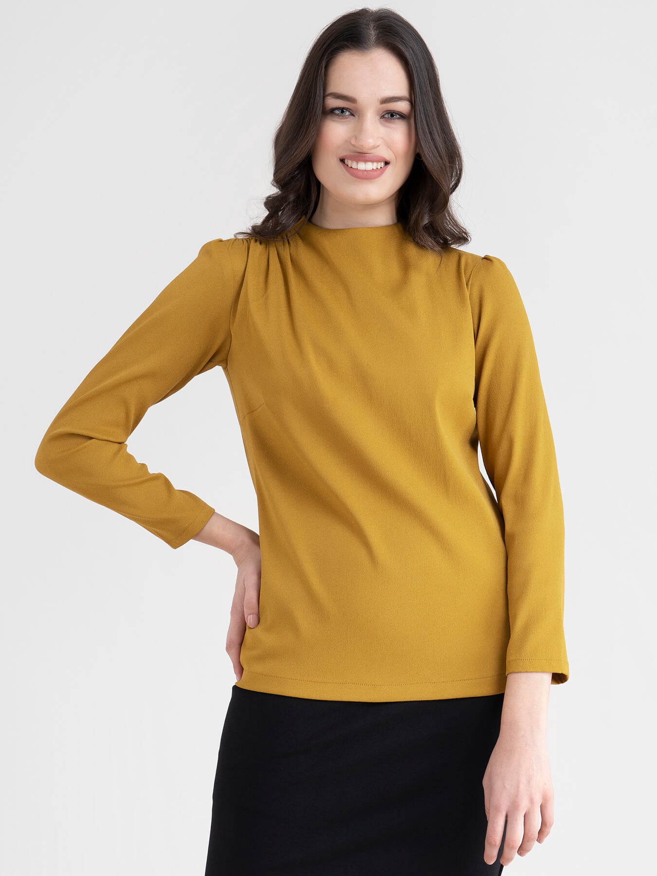 Crew Neck Gather Detail Top - Mustard