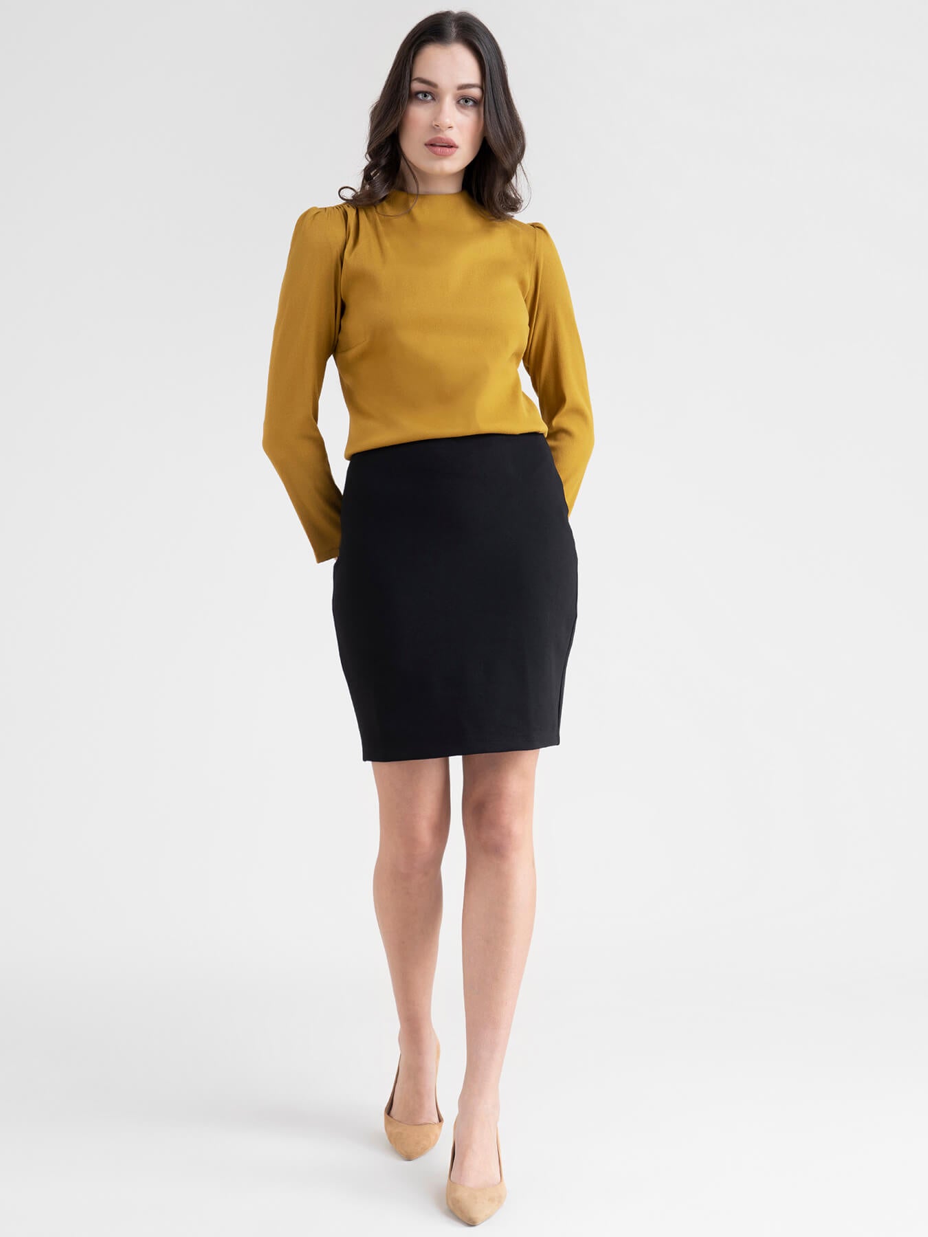 Crew Neck Gather Detail Top - Mustard