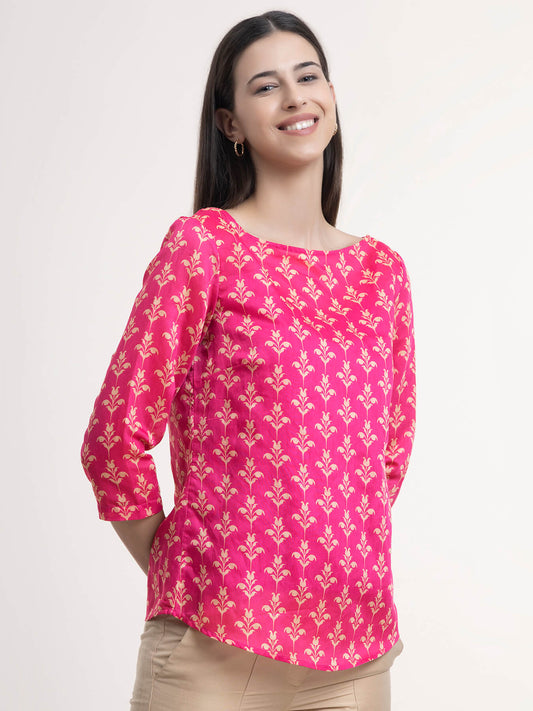 Chanderi Indian Motif Top - Fuchsia