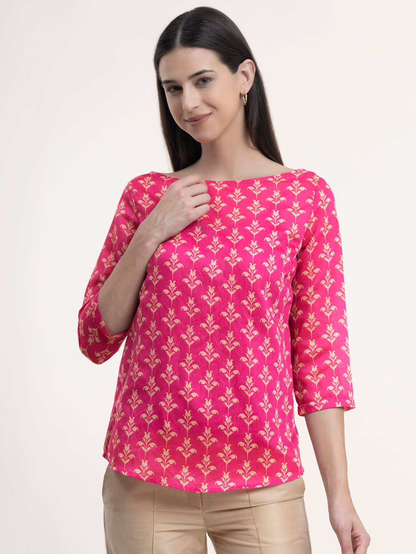 Chanderi Indian Motif Top - Fuchsia