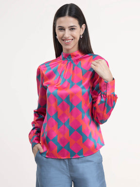 Satin High Neck Top - Fuchsia and Teal