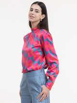 Satin High Neck Top - Fuchsia and Teal