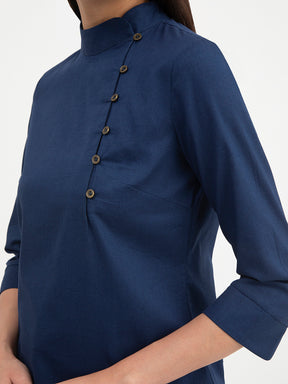 Linen Mandarin Collar Button Detail Top - Navy Blue