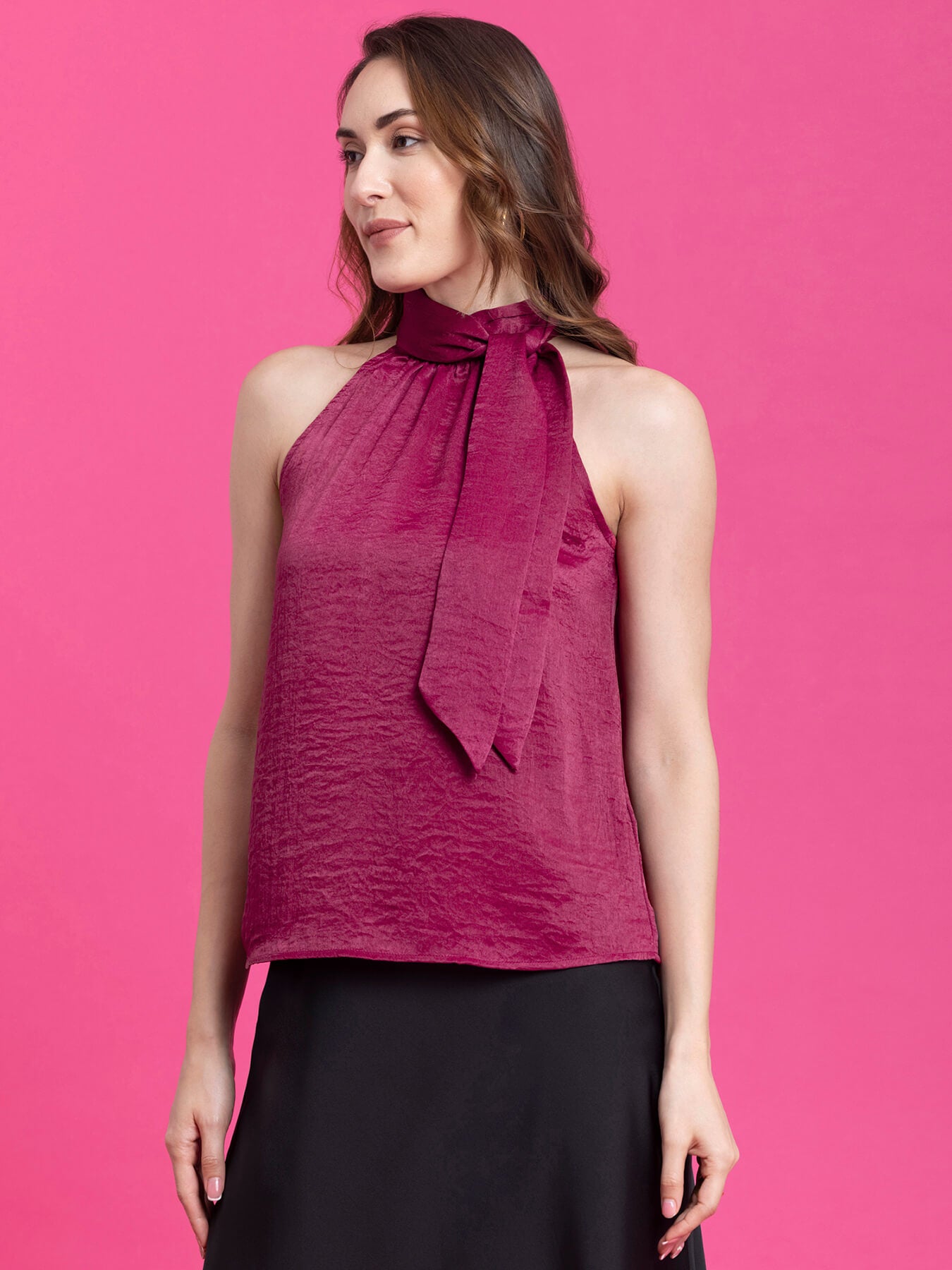 Satin Two Way Tie Up Top - Magenta Pink| Formal Tops