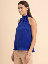 Satin Tie-Up Halter Neck Top - Royal Blue