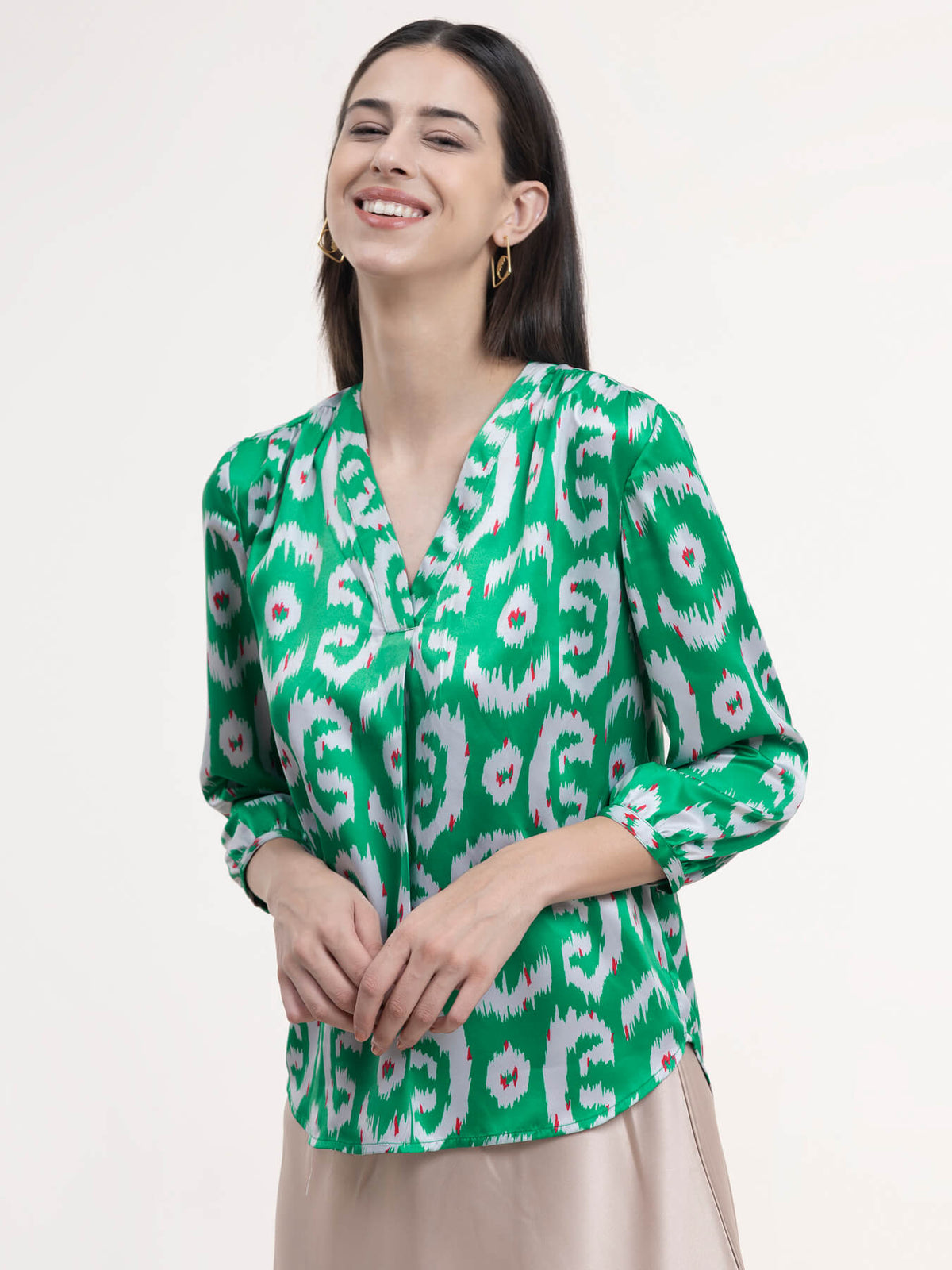 Satin Ikkat Print Top - Green And White