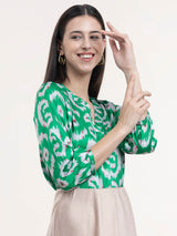 Satin Ikkat Print Top - Green And White