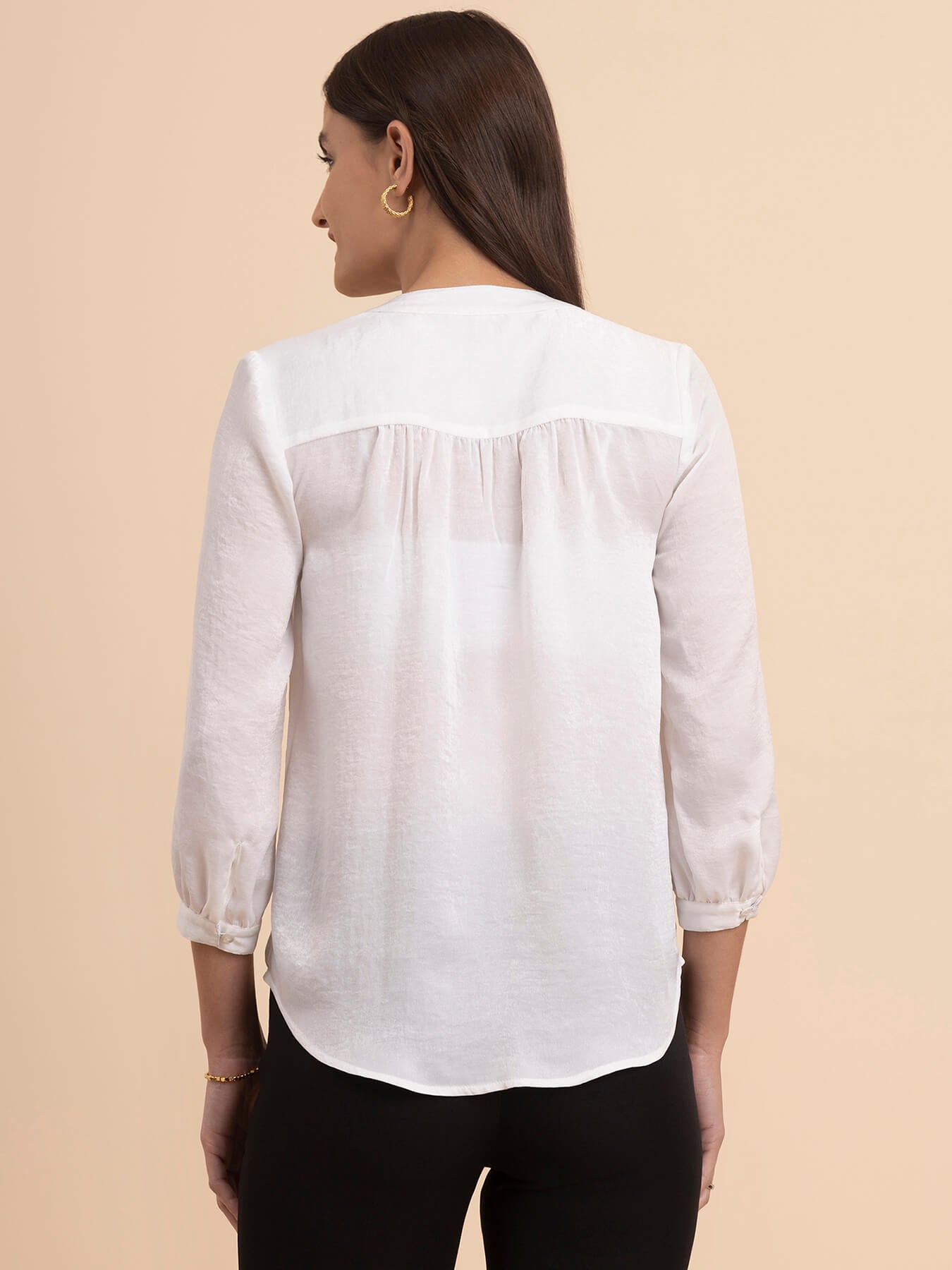 Satin V-Neck Front Pleat Top - Off-White