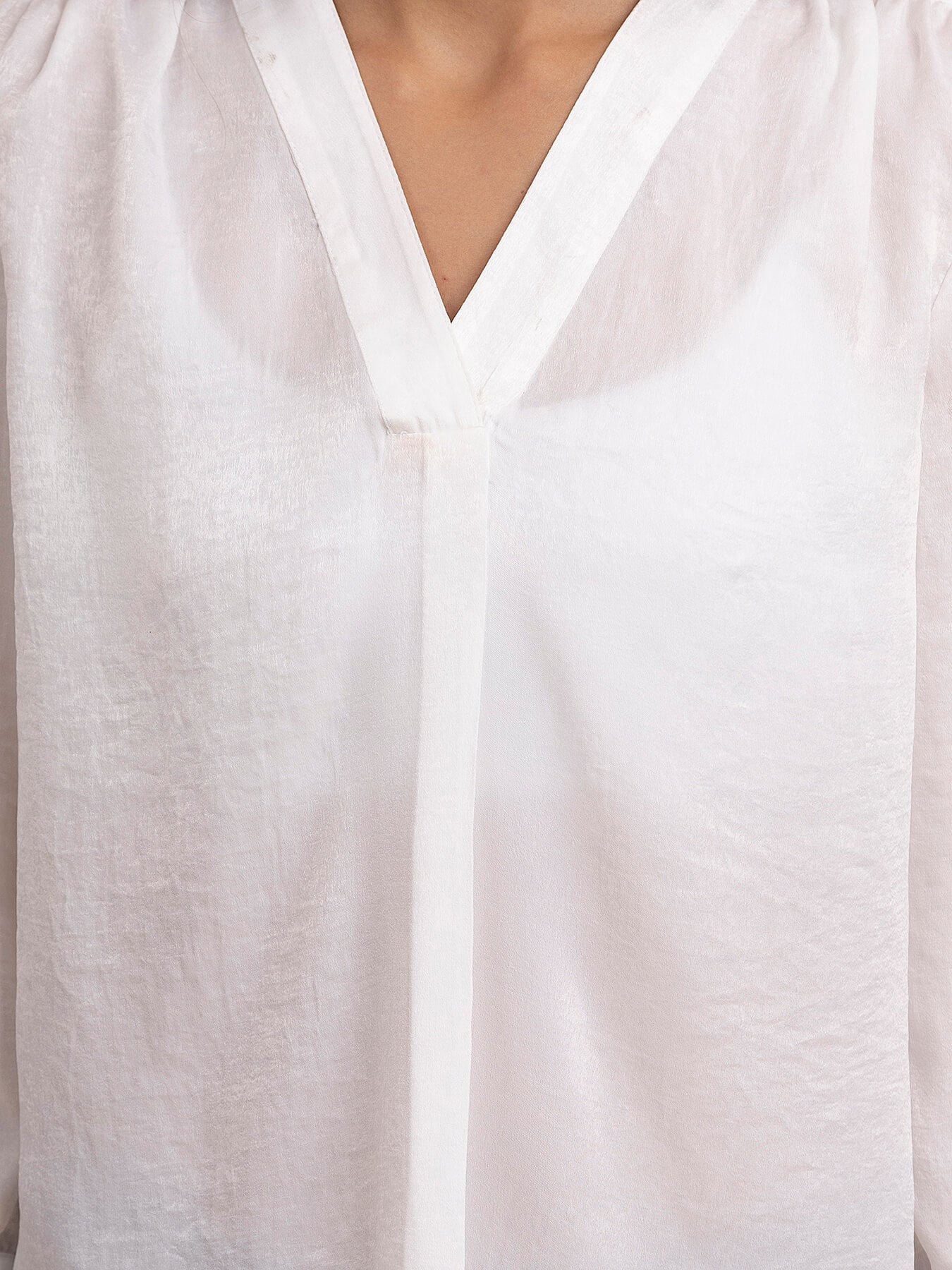 Satin V-Neck Front Pleat Top - Off-White