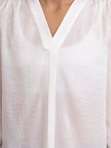 Satin V-Neck Front Pleat Top - Off-White